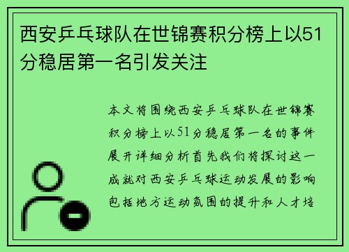 西安乒乓球队在世锦赛积分榜上以51分稳居第一名引发关注